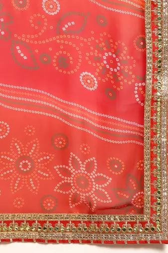 Beige bandhani saree with lace border and unstitched blouse piece