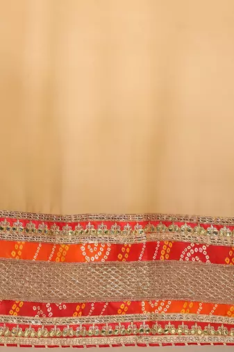 Beige bandhani saree with lace border and unstitched blouse piece