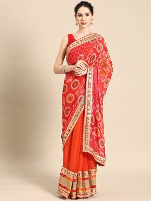 Red bandhani saree with lace border and unstitched blouse piece 1