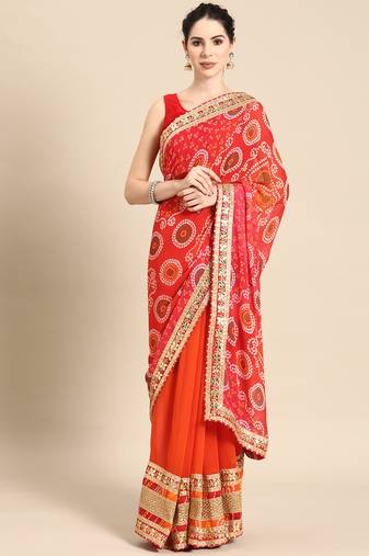 Red bandhani saree with lace border and unstitched blouse piece