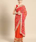 Red bandhani saree with lace border and unstitched blouse piece