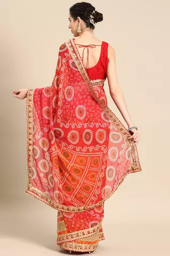 Red bandhani saree with lace border and unstitched blouse piece
