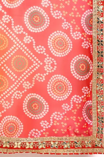 Red bandhani saree with lace border and unstitched blouse piece