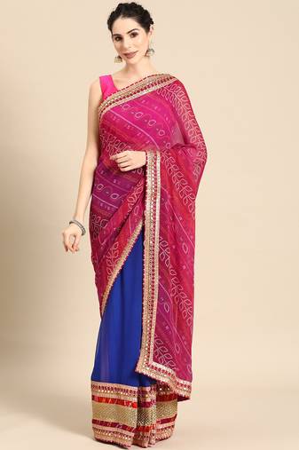 Blue bandhani saree with lace border and unstitched blouse piece