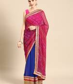 Blue bandhani saree with lace border and unstitched blouse piece
