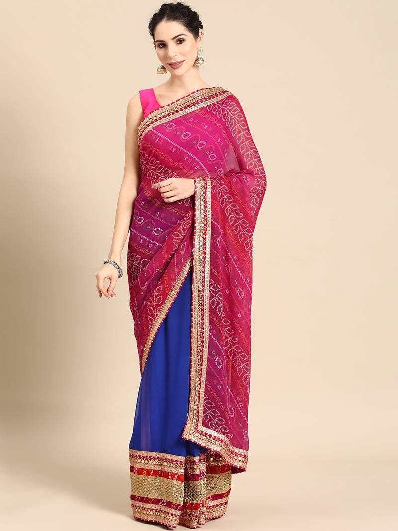 Blue bandhani saree with lace border and unstitched blouse piece