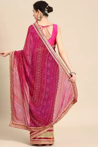 Blue bandhani saree with lace border and unstitched blouse piece