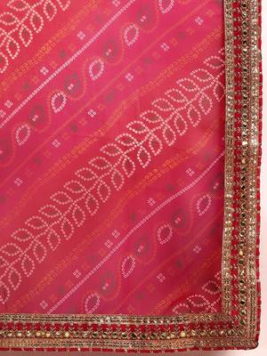 Blue bandhani saree with lace border and unstitched blouse piece 3