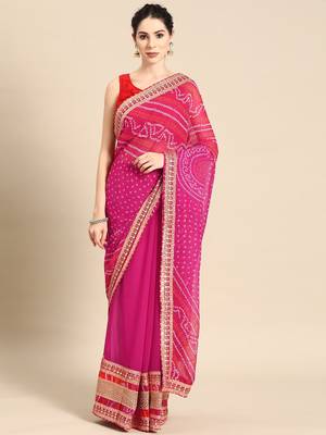 Pink bandhani saree with lace border and unstitched blouse piece 1