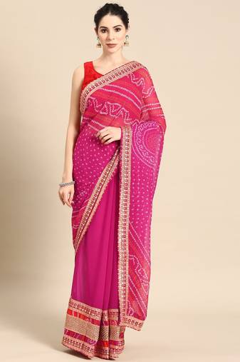 Pink bandhani saree with lace border and unstitched blouse piece
