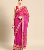 Pink bandhani saree with lace border and unstitched blouse piece