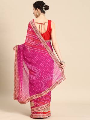 Pink bandhani saree with lace border and unstitched blouse piece 2