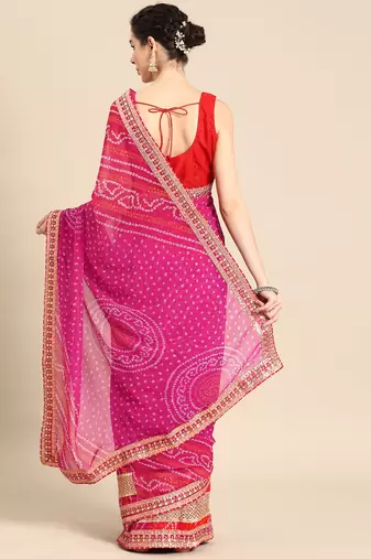 Pink bandhani saree with lace border and unstitched blouse piece
