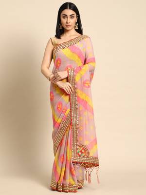 Pink bandhani saree with lace border and unstitched blouse piece 1