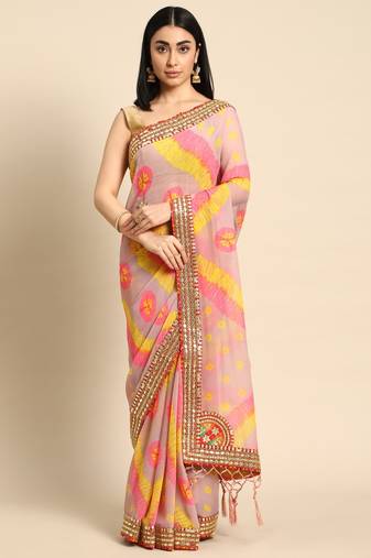 Pink bandhani saree with lace border and unstitched blouse piece