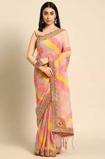 Pink bandhani saree with lace border and unstitched blouse piece