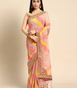 Pink bandhani saree with lace border and unstitched blouse piece