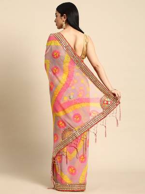 Pink bandhani saree with lace border and unstitched blouse piece 2