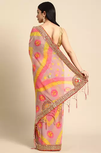 Pink bandhani saree with lace border and unstitched blouse piece