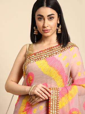 Pink bandhani saree with lace border and unstitched blouse piece 3