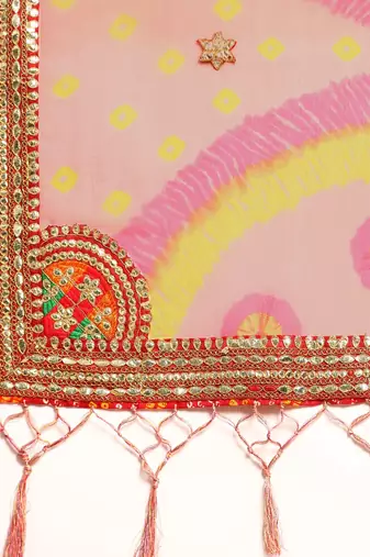 Pink bandhani saree with lace border and unstitched blouse piece