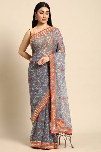 Grey bandhani saree with lace border and unstitched blouse piece