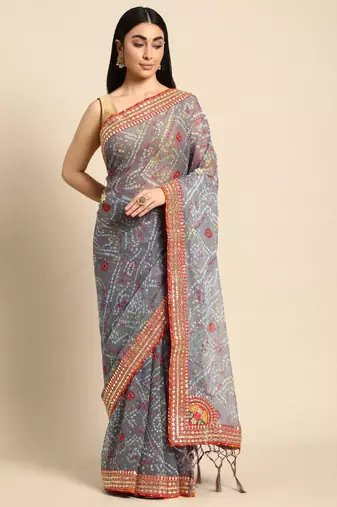 Grey bandhani saree with lace border and unstitched blouse piece