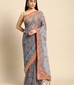 Grey bandhani saree with lace border and unstitched blouse piece