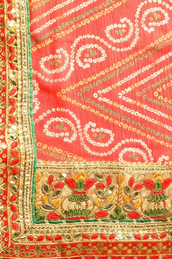 Yellow bandhani saree with lace border and unstitched blouse piece