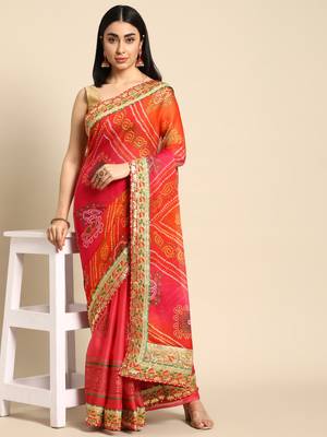 Pink bandhani saree with lace border and unstitched blouse piece 1