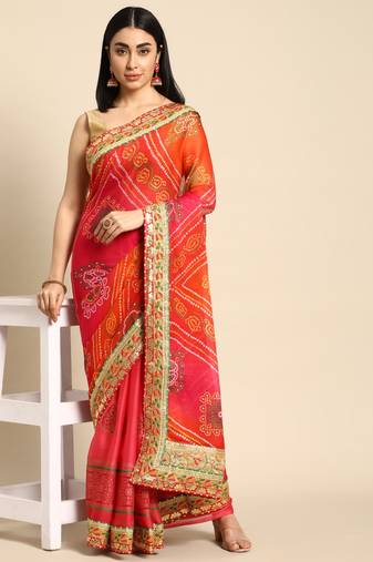 Pink bandhani saree with lace border and unstitched blouse piece