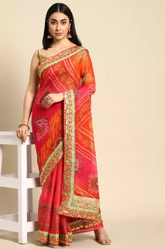 Pink bandhani saree with lace border and unstitched blouse piece