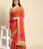 Pink bandhani saree with lace border and unstitched blouse piece