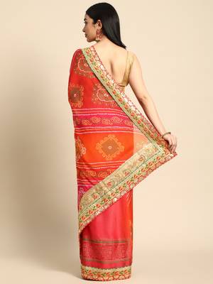 Pink bandhani saree with lace border and unstitched blouse piece 2