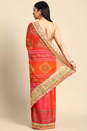 Pink bandhani saree with lace border and unstitched blouse piece
