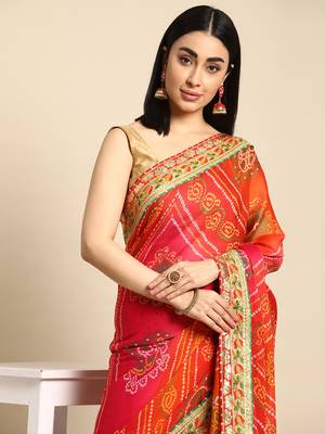 Pink bandhani saree with lace border and unstitched blouse piece 3