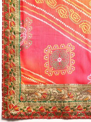 Pink bandhani saree with lace border and unstitched blouse piece 4