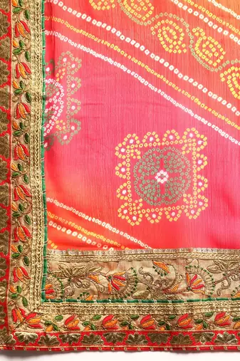 Pink bandhani saree with lace border and unstitched blouse piece