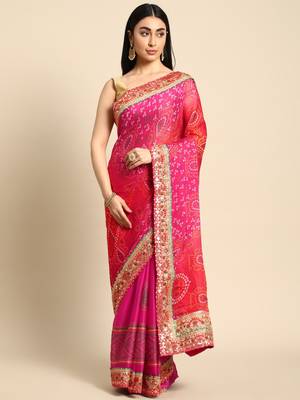 Pink bandhani saree with lace border and unstitched blouse piece 1