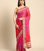 Pink bandhani saree with lace border and unstitched blouse piece