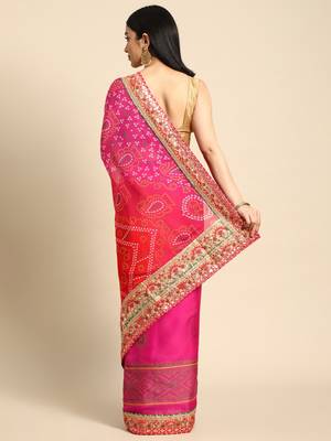 Pink bandhani saree with lace border and unstitched blouse piece 2