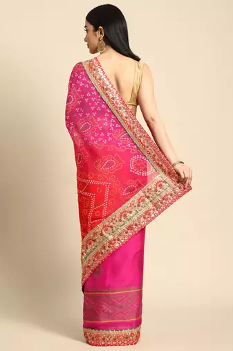 Pink bandhani saree with lace border and unstitched blouse piece