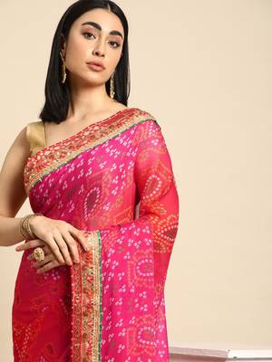 Pink bandhani saree with lace border and unstitched blouse piece 3