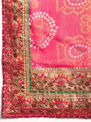 Pink bandhani saree with lace border and unstitched blouse piece 4