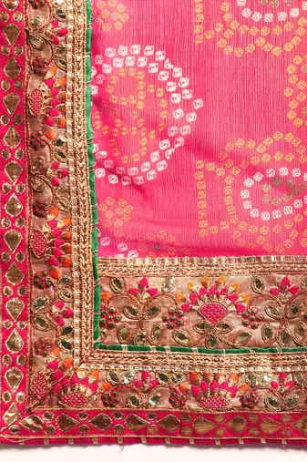 Pink bandhani saree with lace border and unstitched blouse piece