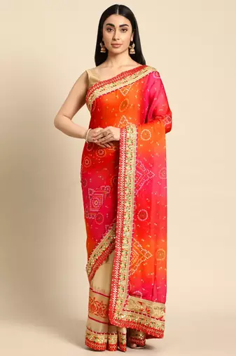 Beige bandhani saree with lace border and unstitched blouse piece