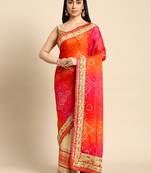 Beige bandhani saree with lace border and unstitched blouse piece
