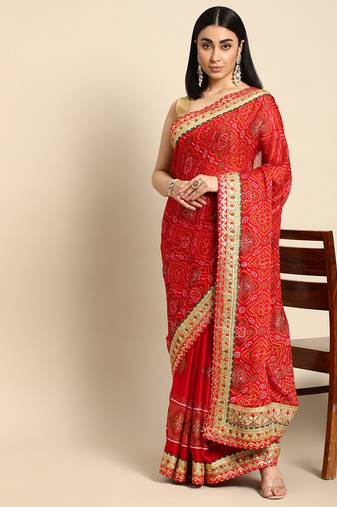 Red bandhani saree with lace border and unstitched blouse piece