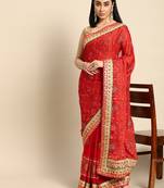 Red bandhani saree with lace border and unstitched blouse piece