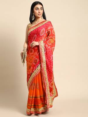 Orange bandhani saree with lace border and unstitched blouse piece 1